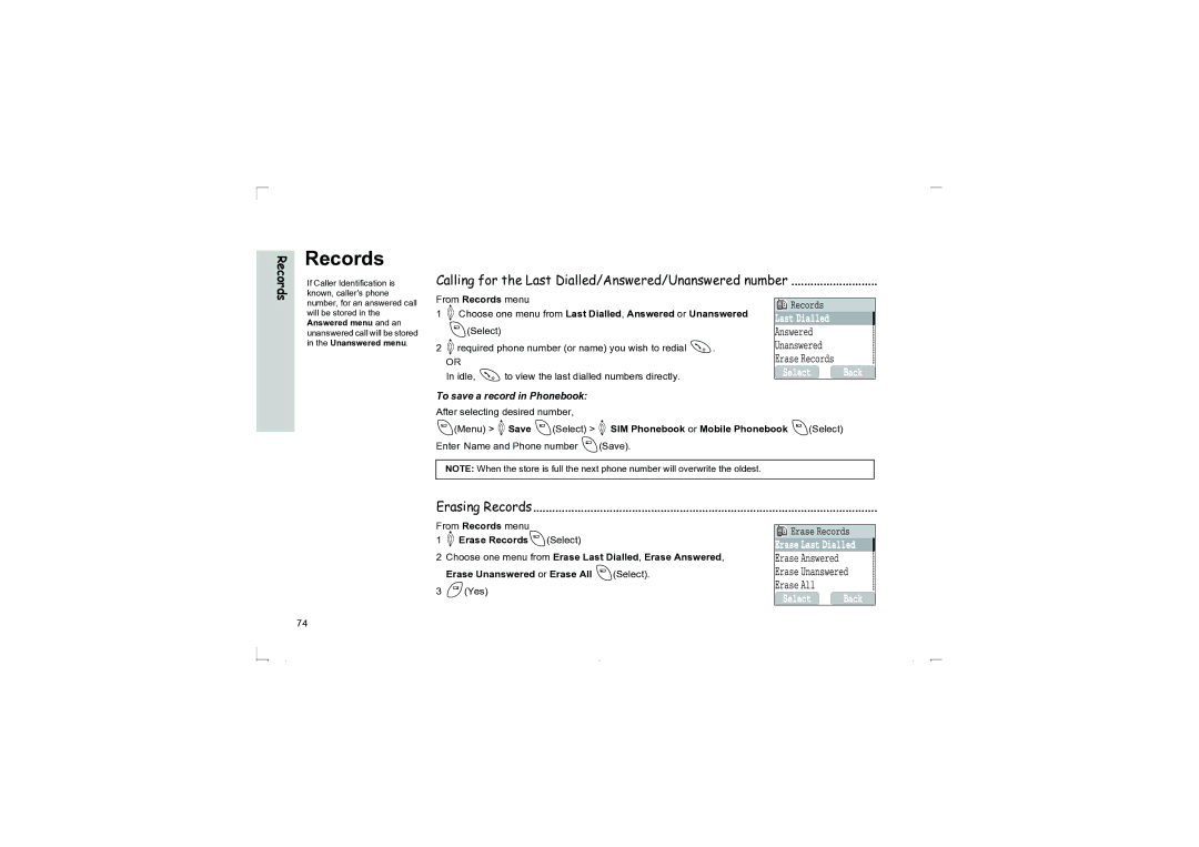 Panasonic EB-G50 Calling for the Last Dialled/Answered/Unanswered number, Erasing Records, From Records menu, @Yes 