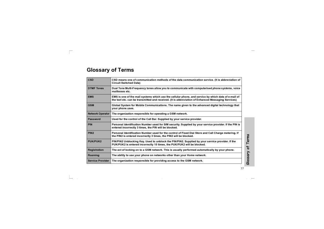 Panasonic EB-G50 operating instructions Glossary of Terms, Circuit Switched Data Dtmf Tones, Mailboxes etc, Your phone uses 