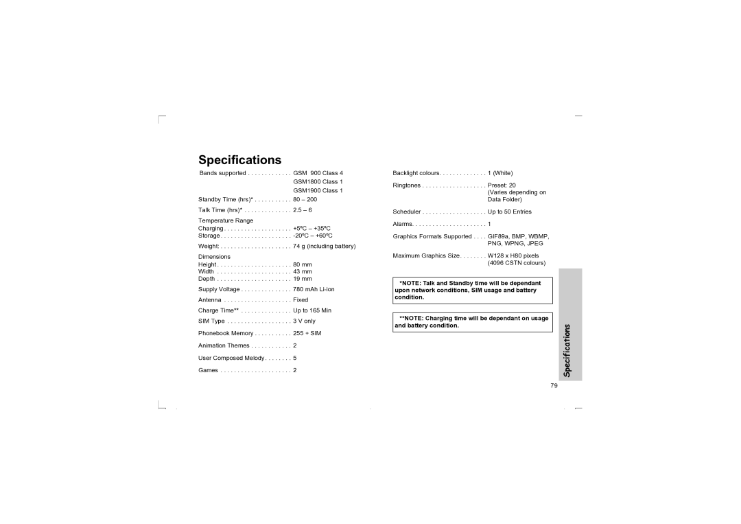 Panasonic EB-G50 operating instructions Specifications, Battery condition 