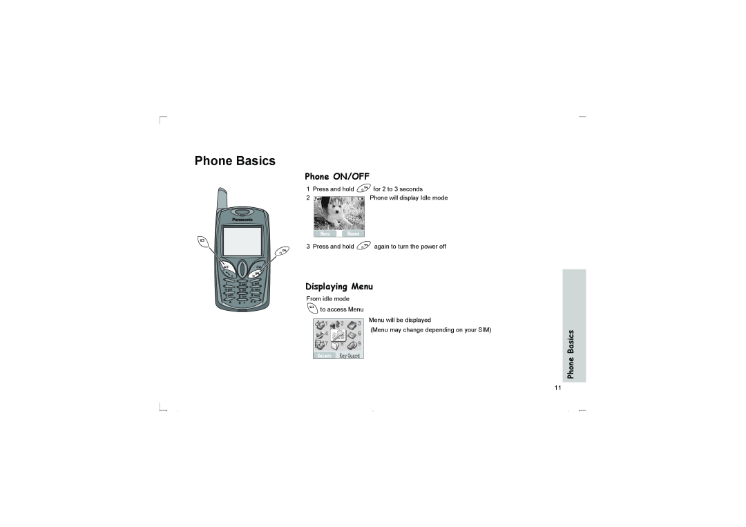 Panasonic EB-G50 operating instructions Phone Basics, Phone ON/OFF, Displaying Menu 