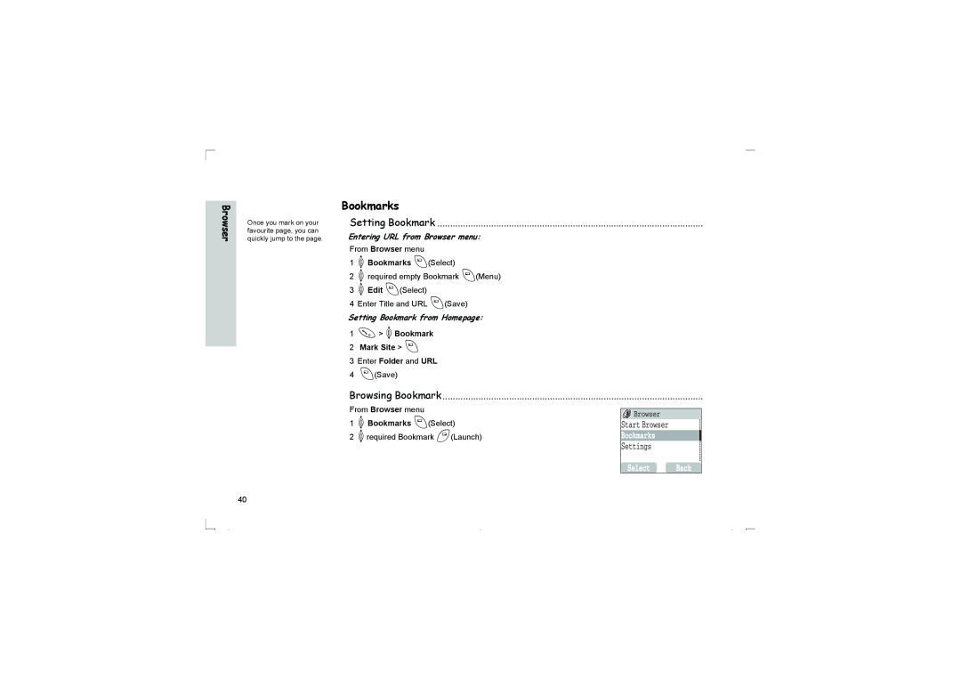 Panasonic EB-G50 Setting Bookmark, Browsing Bookmark, Entering URL from Browser menu, 1 4Bookmarks ASelect 