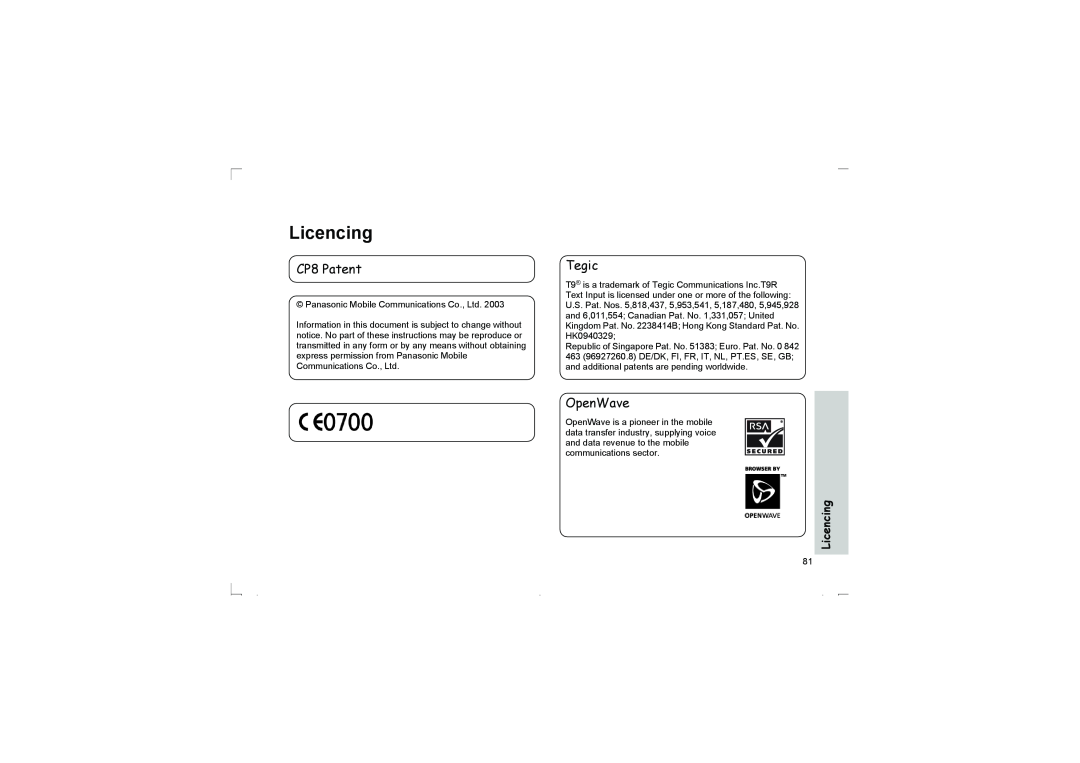 Panasonic EB-G50 operating instructions Licencing, CP8 Patent 