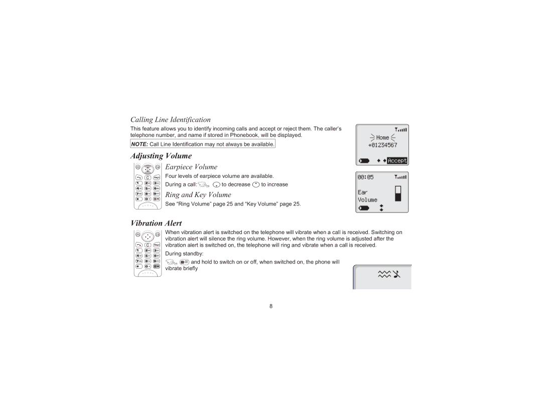 Panasonic EB-G520 Adjusting Volume, Vibration Alert, Calling Line Identification, Earpiece Volume, Ring and Key Volume 