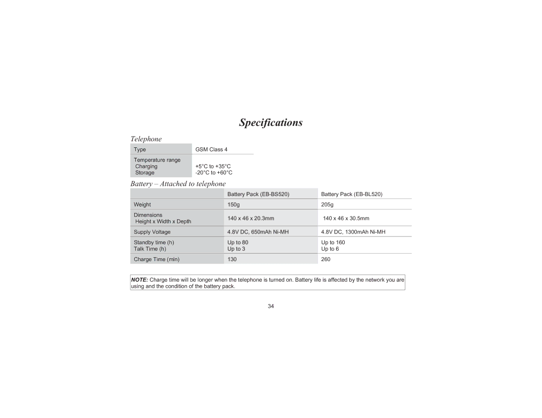 Panasonic EB-G520 operating instructions Specifications, Telephone, Battery Attached to telephone 