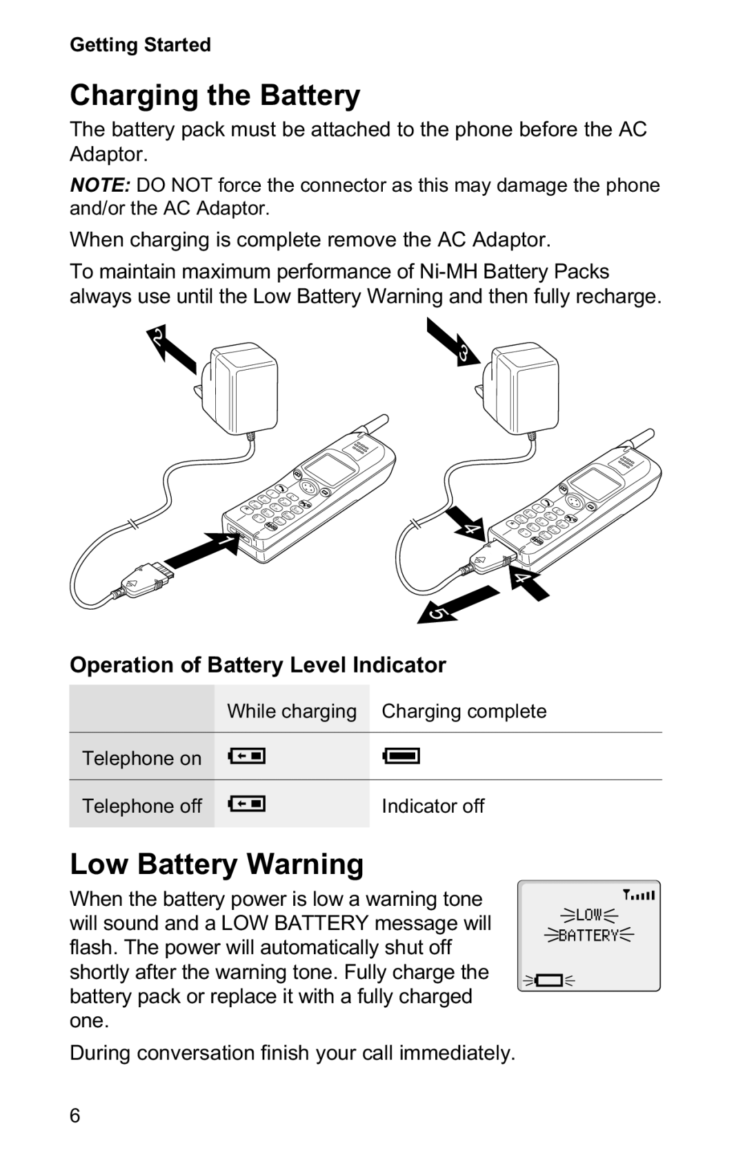 Panasonic EB-GD30 operating instructions Charging the Battery, Low Battery Warning, Operation of Battery Level Indicator 