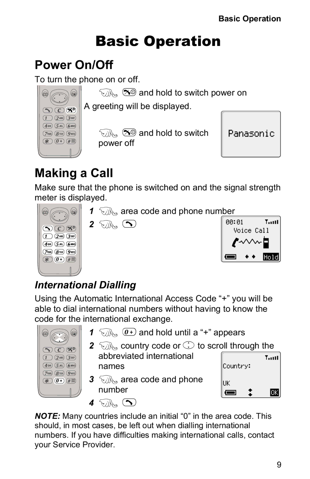 Panasonic EB-GD30 operating instructions Basic Operation, Power On/Off, Making a Call, International Dialling 