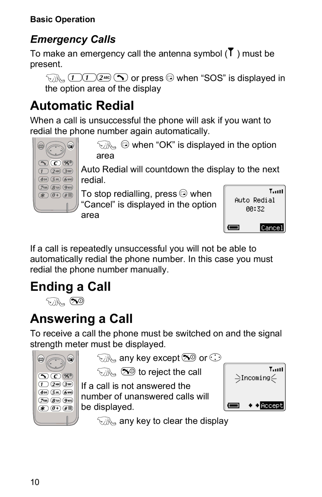 Panasonic EB-GD30 operating instructions Automatic Redial, Ending a Call Answering a Call, Emergency Calls 