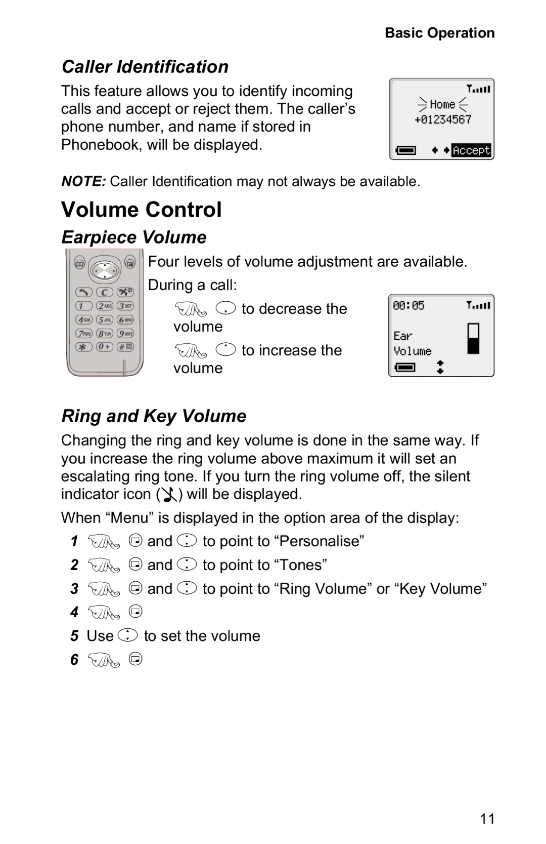 Panasonic EB-GD30 operating instructions Volume Control, Caller Identification, Earpiece Volume, Ring and Key Volume 