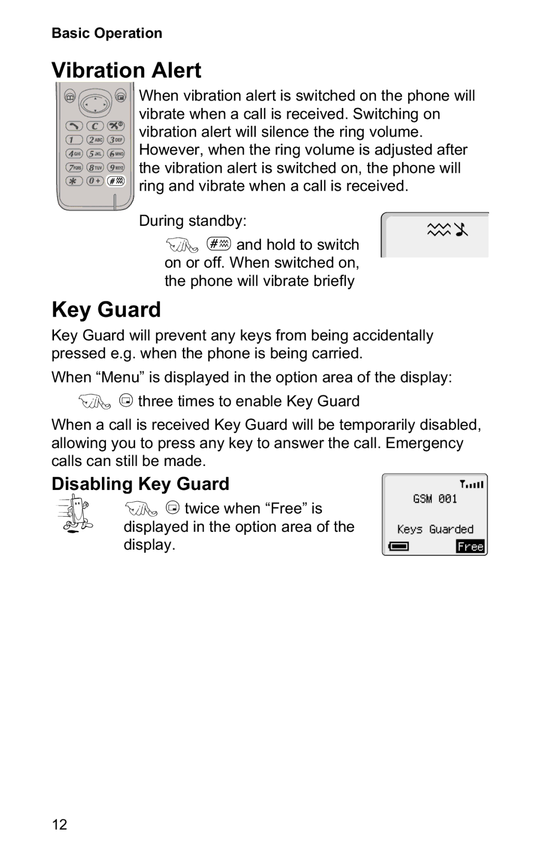 Panasonic EB-GD30 operating instructions Vibration Alert, Key Guard 