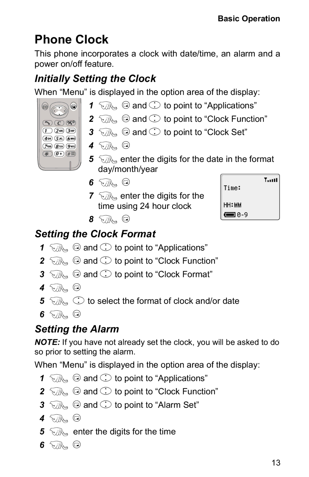 Panasonic EB-GD30 Phone Clock, Initially Setting the Clock, Setting the Clock Format, Setting the Alarm 