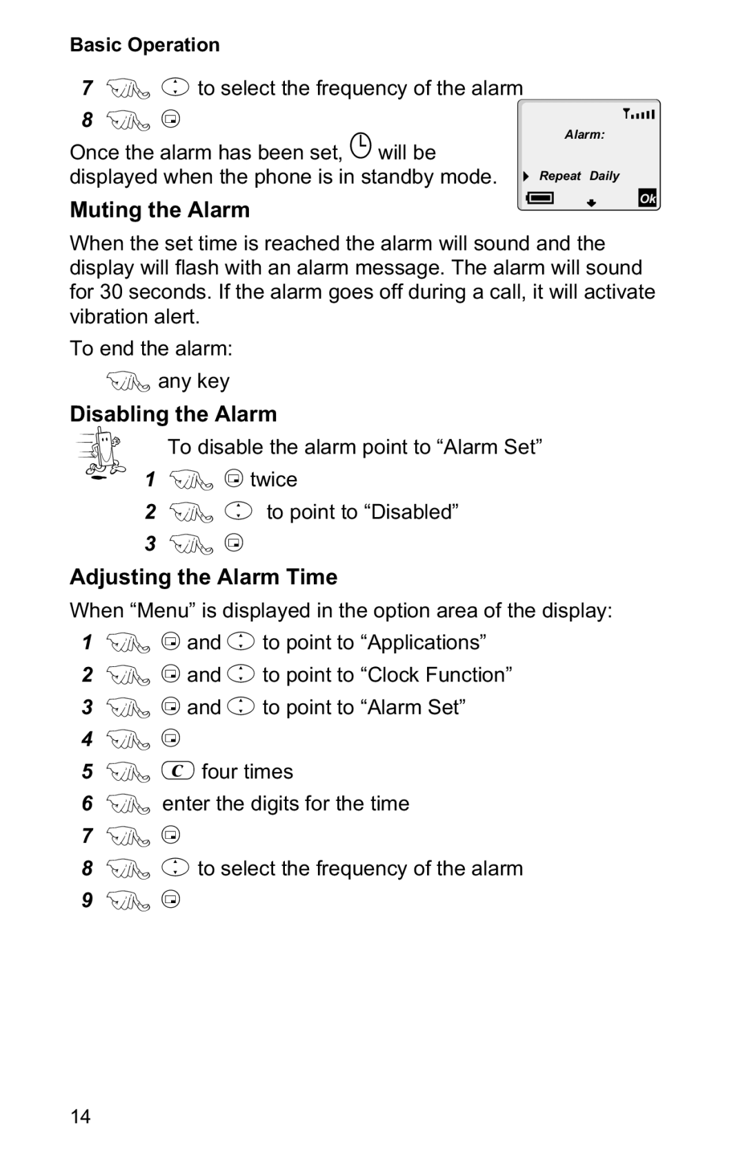 Panasonic EB-GD30 operating instructions Muting the Alarm, Disabling the Alarm, Adjusting the Alarm Time 