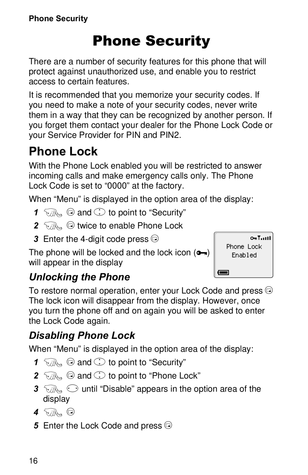 Panasonic EB-GD30 operating instructions Phone Security, Unlocking the Phone, Disabling Phone Lock 