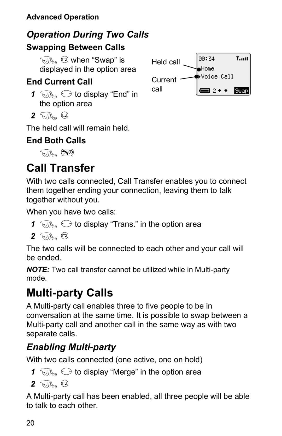 Panasonic EB-GD30 operating instructions Call Transfer, Multi-party Calls, Operation During Two Calls, Enabling Multi-party 