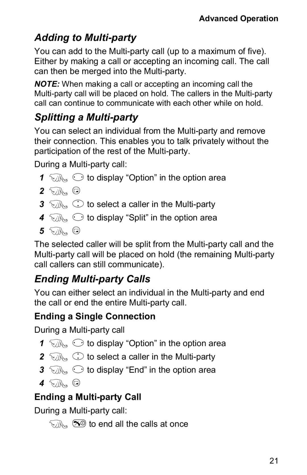 Panasonic EB-GD30 Adding to Multi-party, Splitting a Multi-party, Ending Multi-party Calls, Ending a Single Connection 