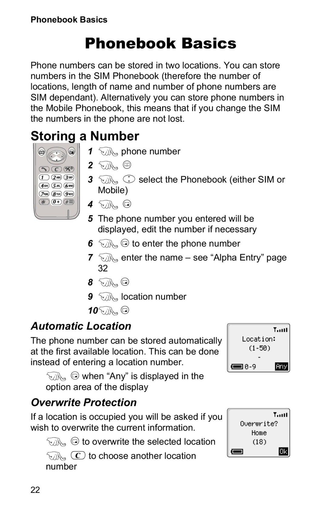 Panasonic EB-GD30 operating instructions Phonebook Basics, Storing a Number, Automatic Location, Overwrite Protection 