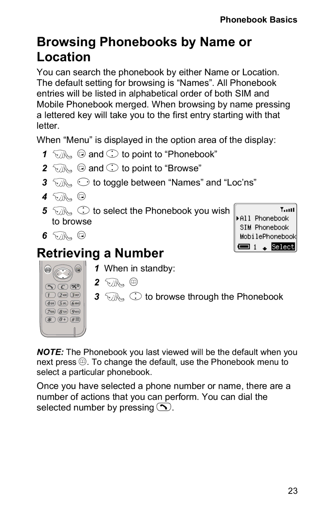 Panasonic EB-GD30 operating instructions Browsing Phonebooks by Name or Location, Retrieving a Number 