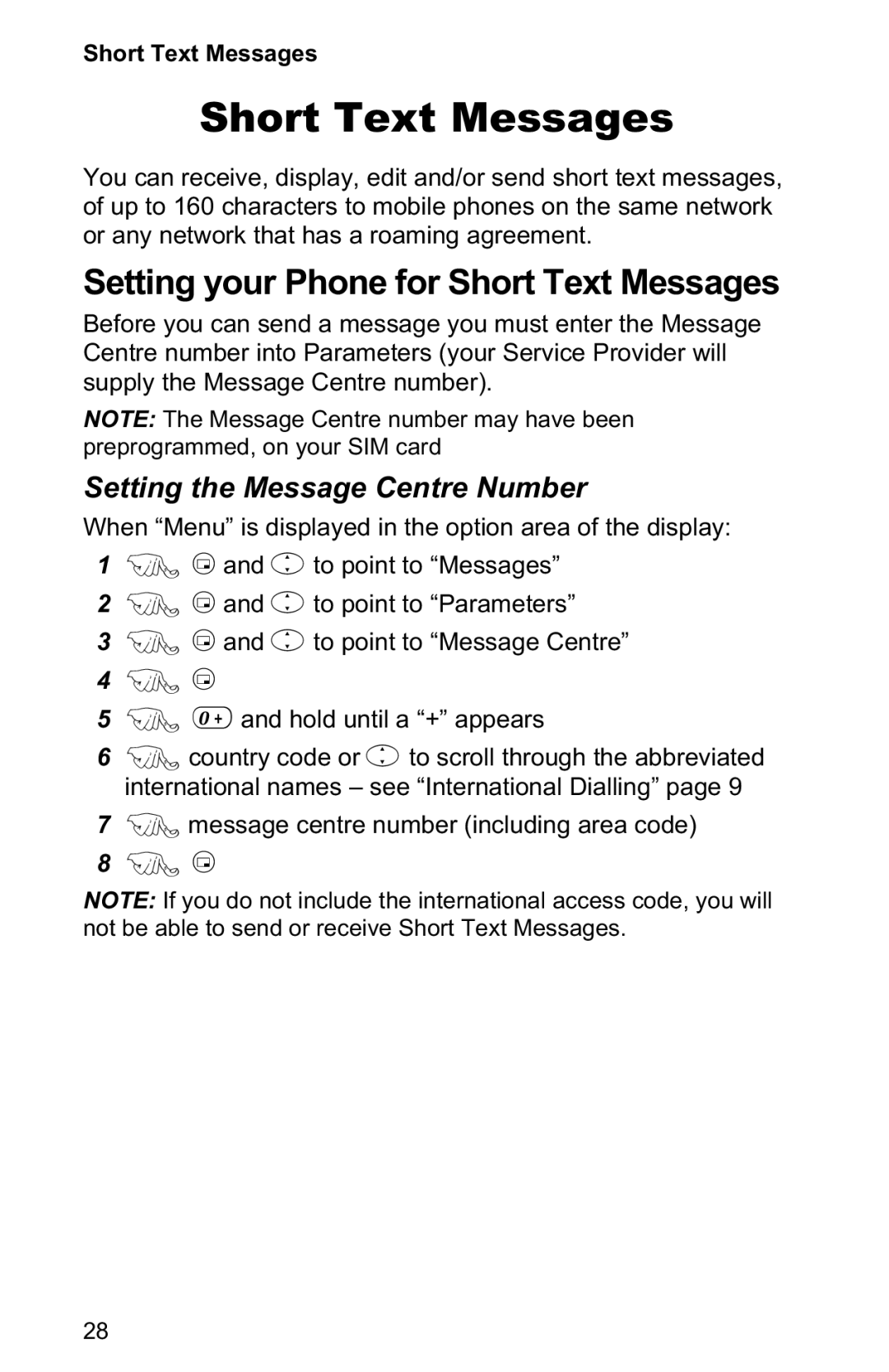 Panasonic EB-GD30 operating instructions Setting your Phone for Short Text Messages, Setting the Message Centre Number 