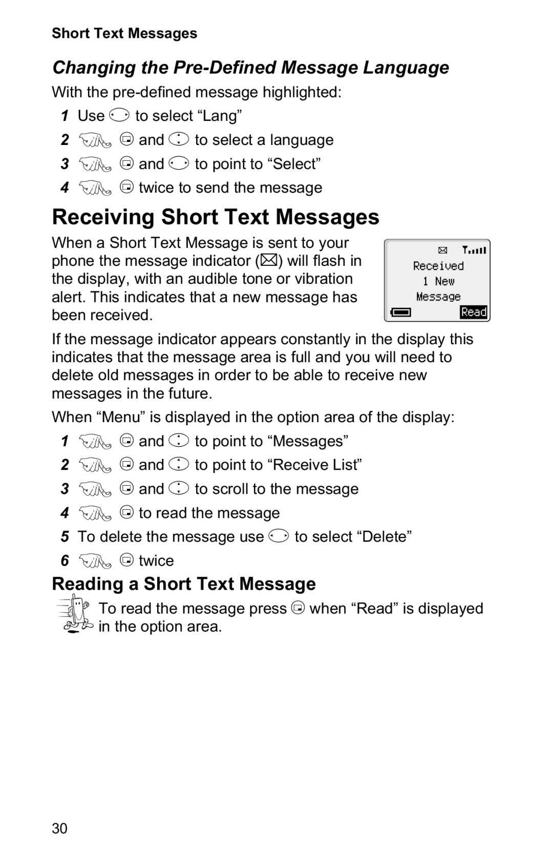 Panasonic EB-GD30 operating instructions Receiving Short Text Messages, Changing the Pre-Defined Message Language 