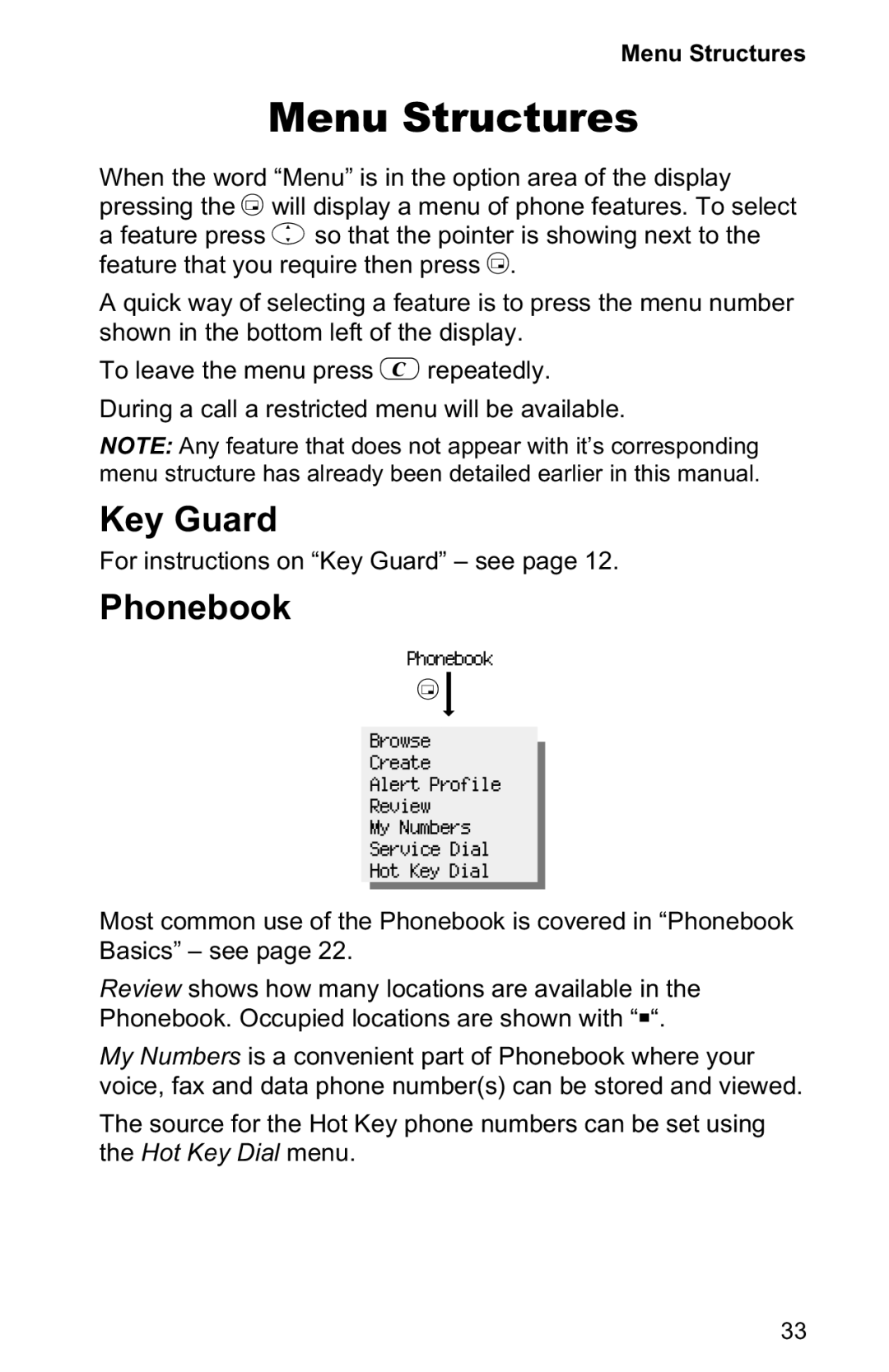 Panasonic EB-GD30 operating instructions Menu Structures, Phonebook 