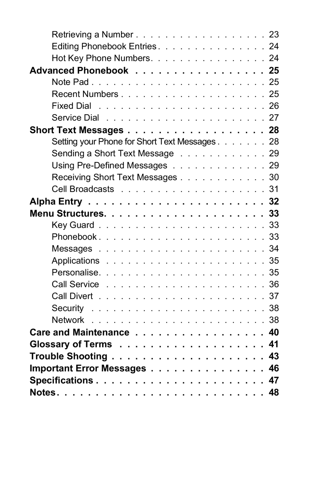 Panasonic EB-GD30 operating instructions Advanced Phonebook, Short Text Messages, Alpha Entry Menu Structures 