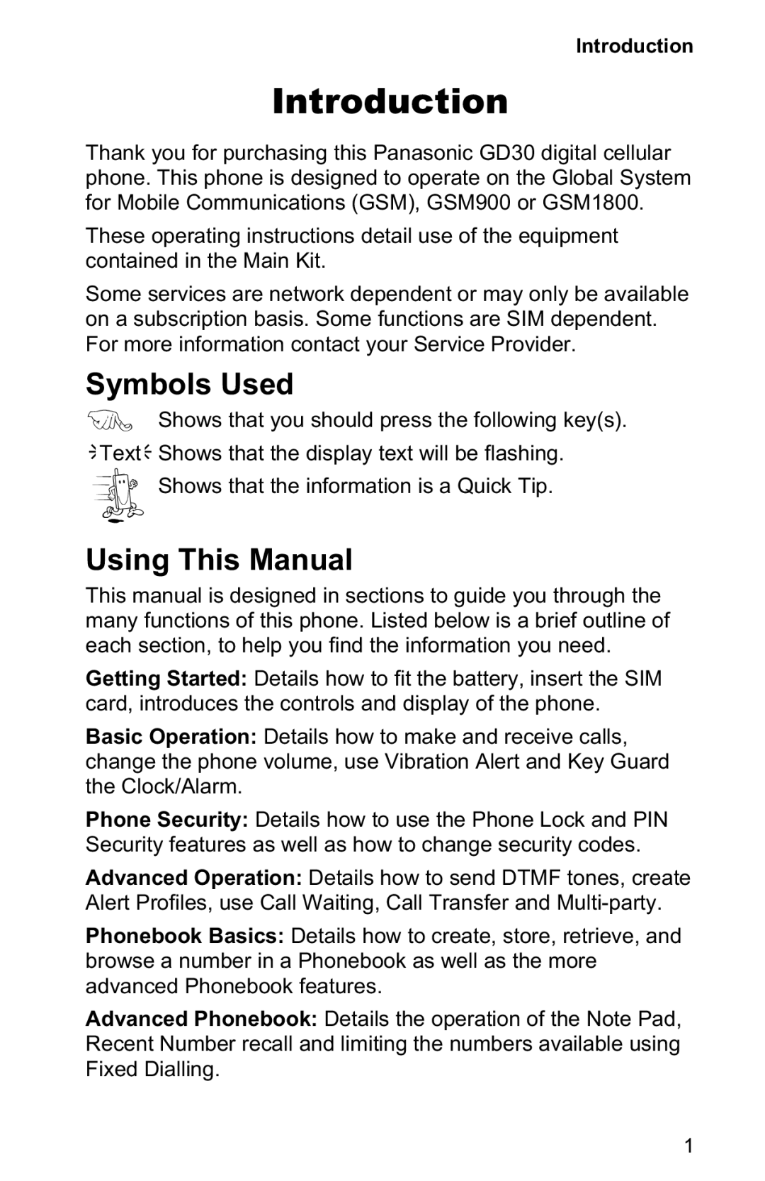 Panasonic EB-GD30 operating instructions Introduction, Symbols Used, Using This Manual 