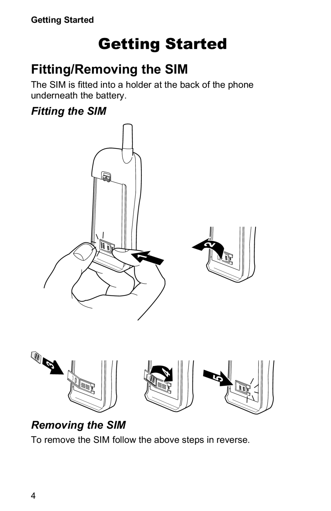 Panasonic EB-GD30 operating instructions Getting Started, Fitting/Removing the SIM, Fitting the SIM Removing the SIM 