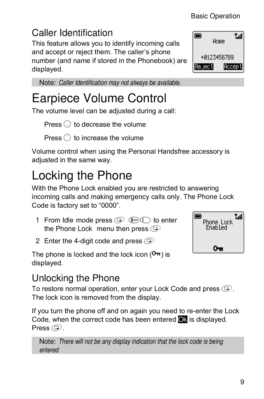 Panasonic EB-GD35 Earpiece Volume Control, Locking the Phone, Caller Identification, Unlocking the Phone 