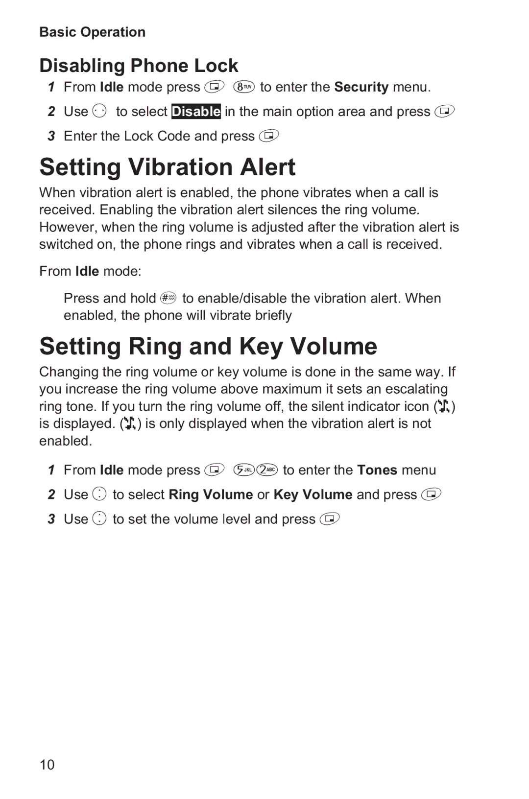 Panasonic EB-GD35 operating instructions Setting Vibration Alert, Setting Ring and Key Volume, Disabling Phone Lock 