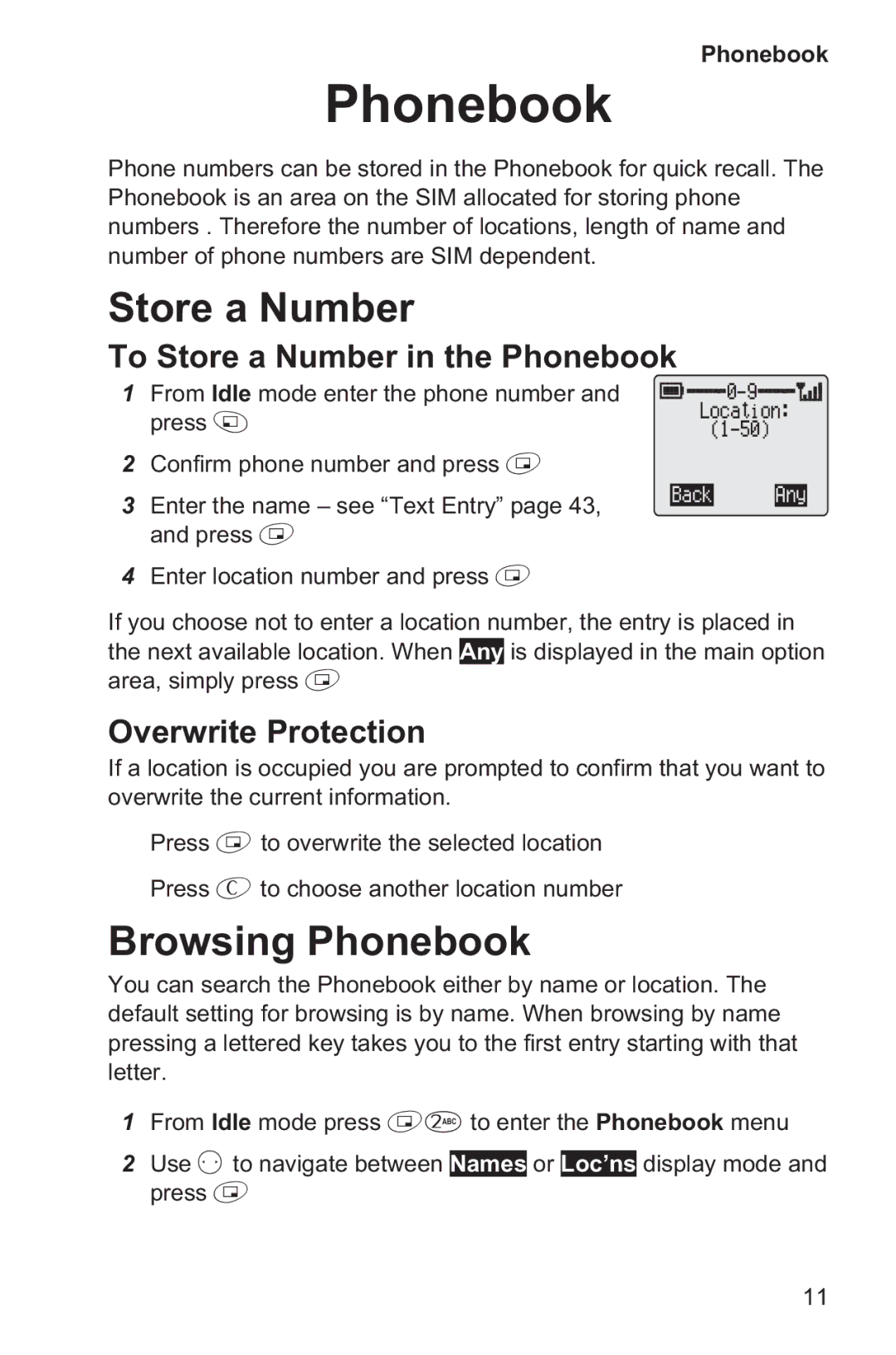 Panasonic EB-GD35 Browsing Phonebook, To Store a Number in the Phonebook, Overwrite Protection 