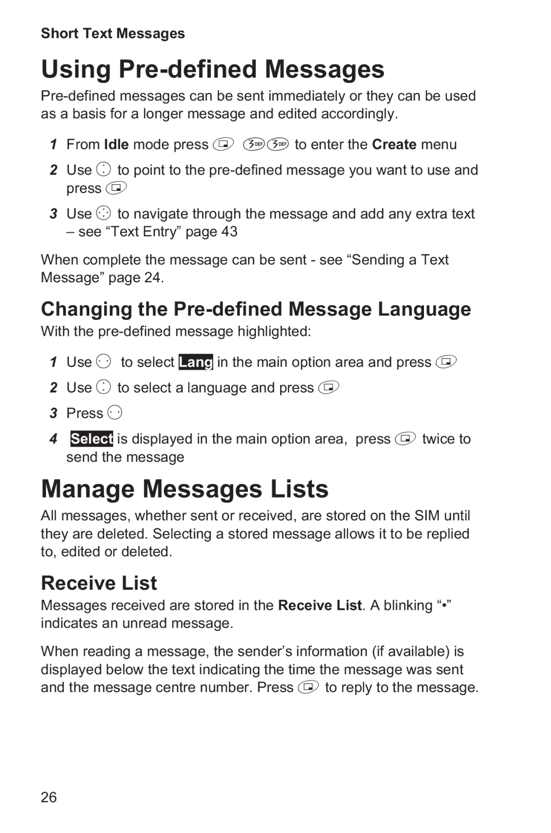 Panasonic EB-GD35 Using Pre-defined Messages, Manage Messages Lists, Changing the Pre-defined Message Language 