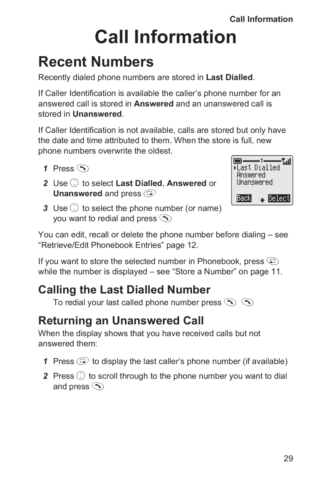 Panasonic EB-GD35 Call Information, Recent Numbers, Calling the Last Dialled Number, Returning an Unanswered Call 