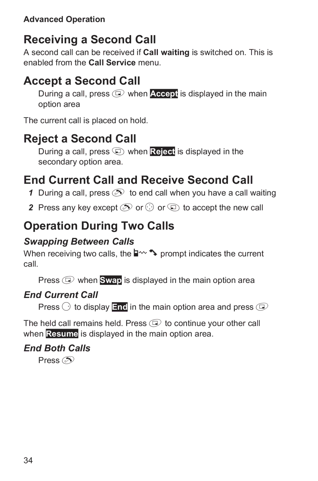 Panasonic EB-GD35 Receiving a Second Call, Accept a Second Call, Reject a Second Call, Operation During Two Calls 