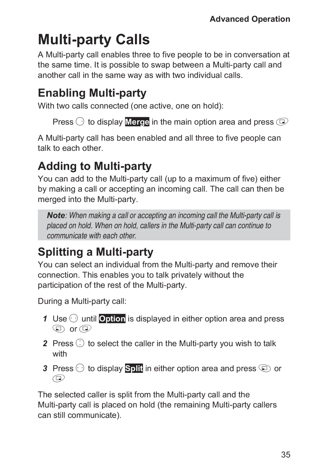 Panasonic EB-GD35 Multi-party Calls, Enabling Multi-party, Adding to Multi-party, Splitting a Multi-party 