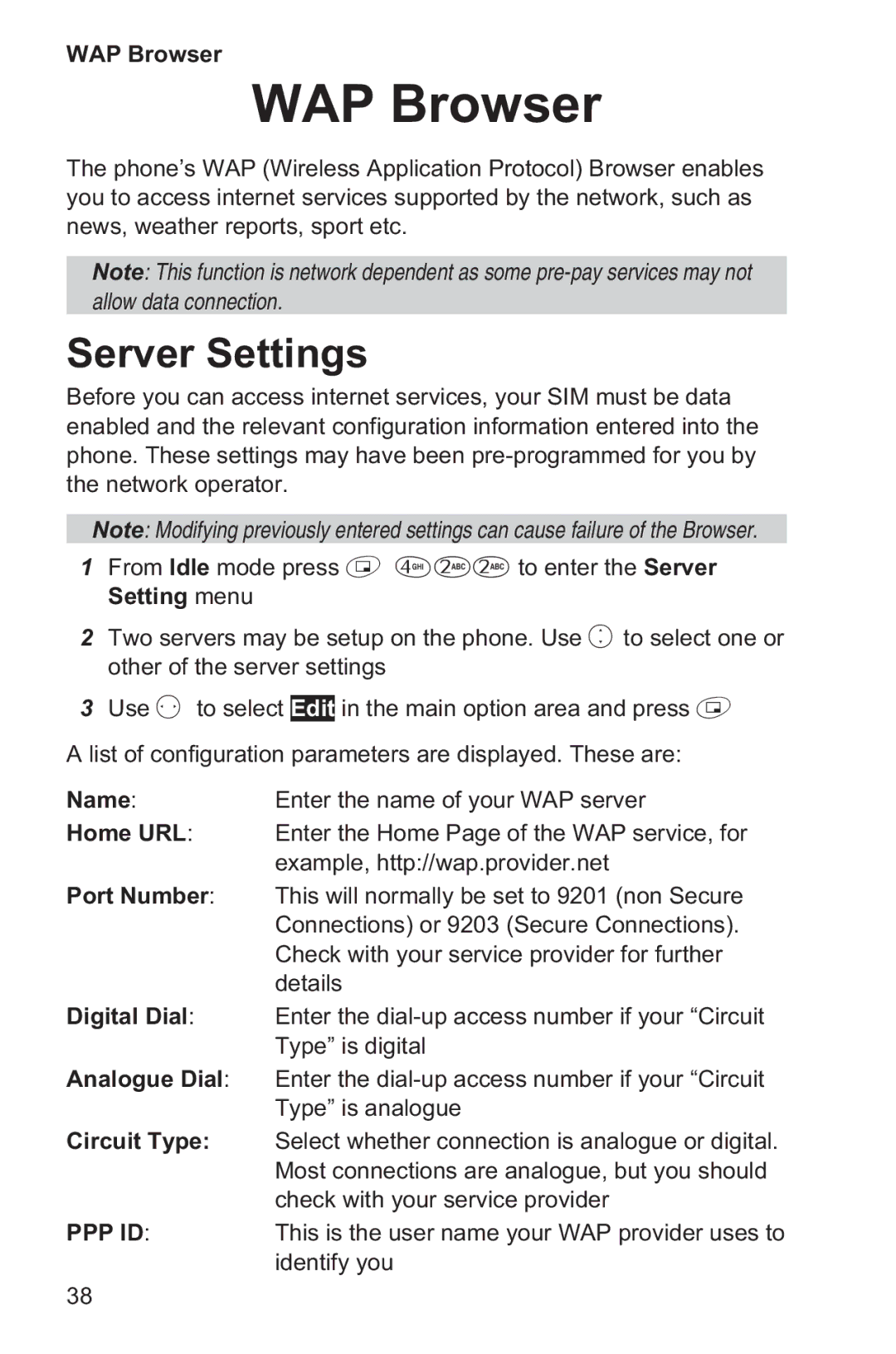 Panasonic EB-GD35 operating instructions WAP Browser, Server Settings 