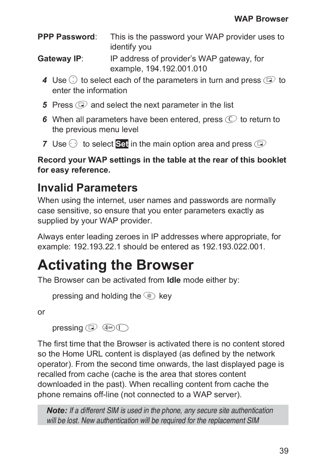 Panasonic EB-GD35 operating instructions Activating the Browser, Invalid Parameters 