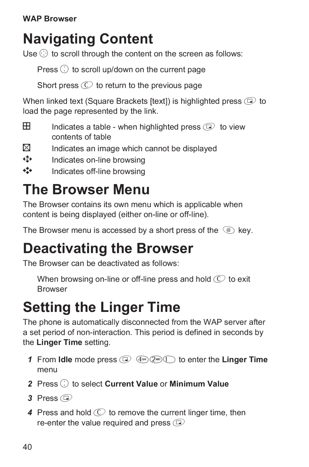 Panasonic EB-GD35 Navigating Content, Browser Menu, Deactivating the Browser, Setting the Linger Time 