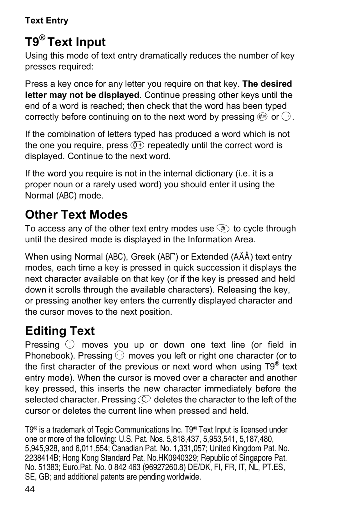 Panasonic EB-GD35 operating instructions T9 Text Input, Other Text Modes, Editing Text 