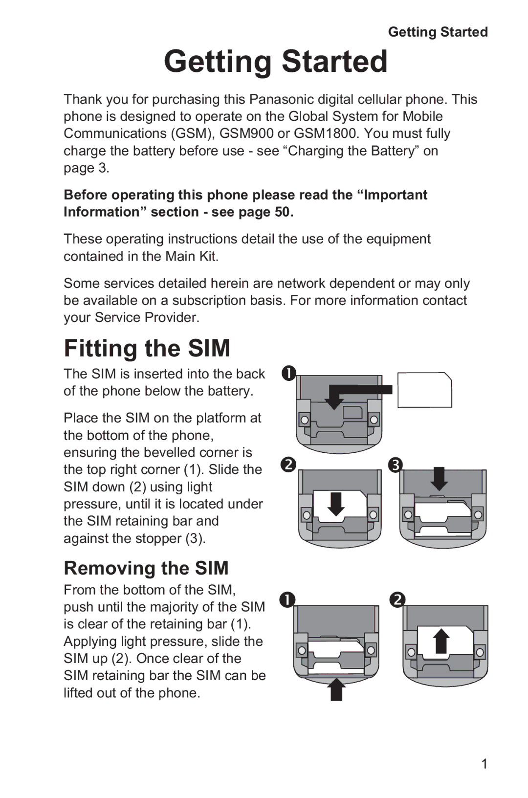 Panasonic EB-GD35 operating instructions Getting Started, Fitting the SIM, Removing the SIM 