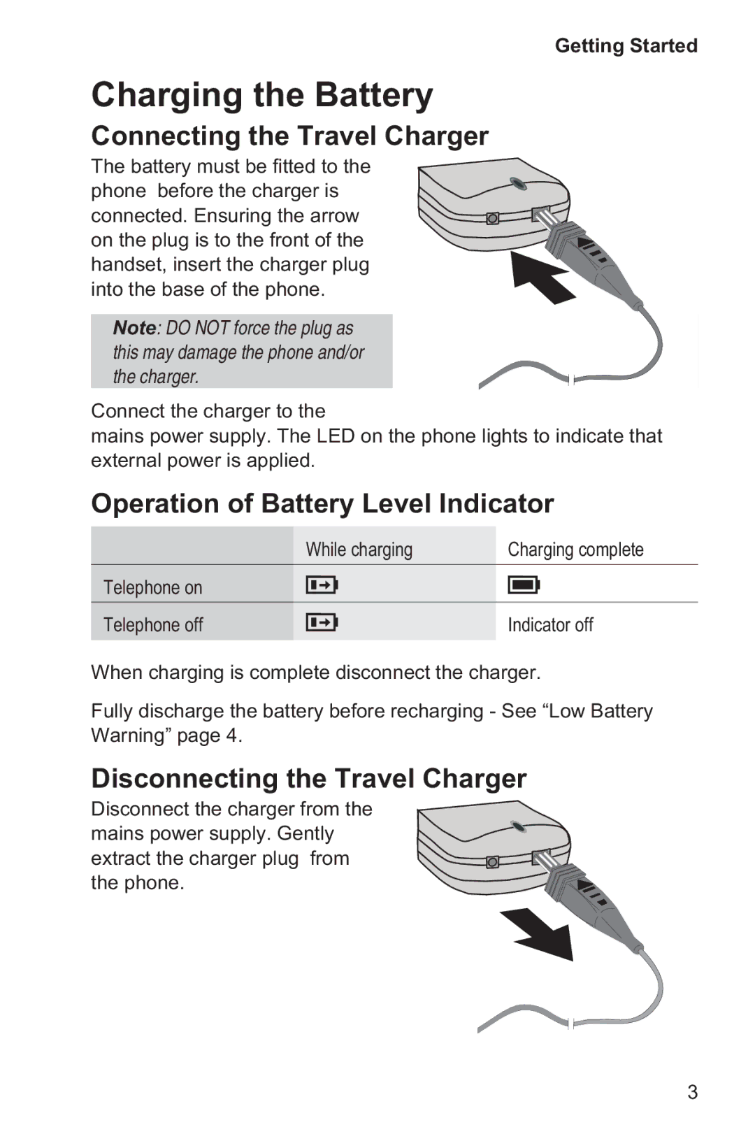 Panasonic EB-GD35 Charging the Battery, Connecting the Travel Charger, Operation of Battery Level Indicator 