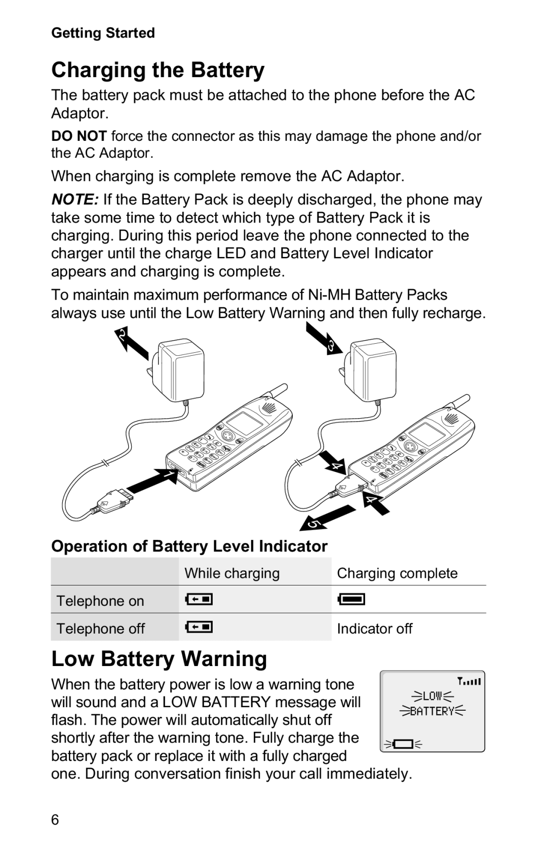 Panasonic EB-GD50 operating instructions Charging the Battery, Low Battery Warning, Operation of Battery Level Indicator 