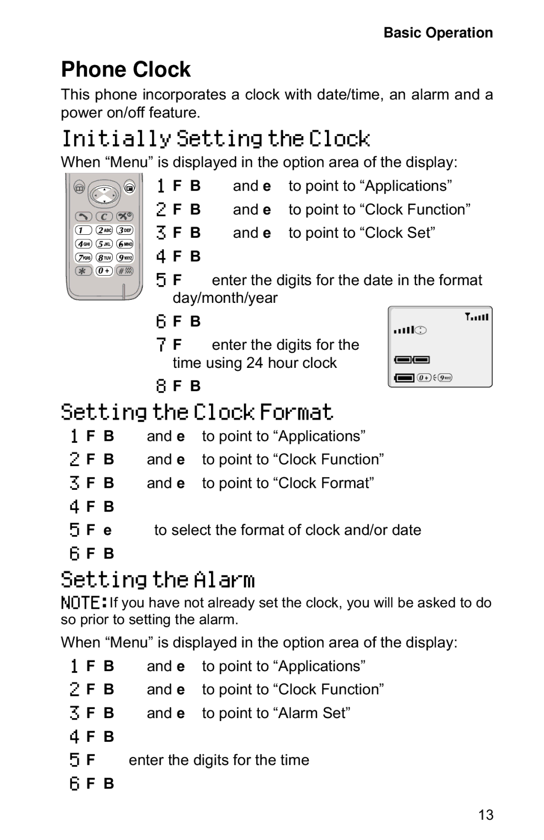 Panasonic EB-GD50 Phone Clock, Initially Setting the Clock, Setting the Clock Format, Setting the Alarm 