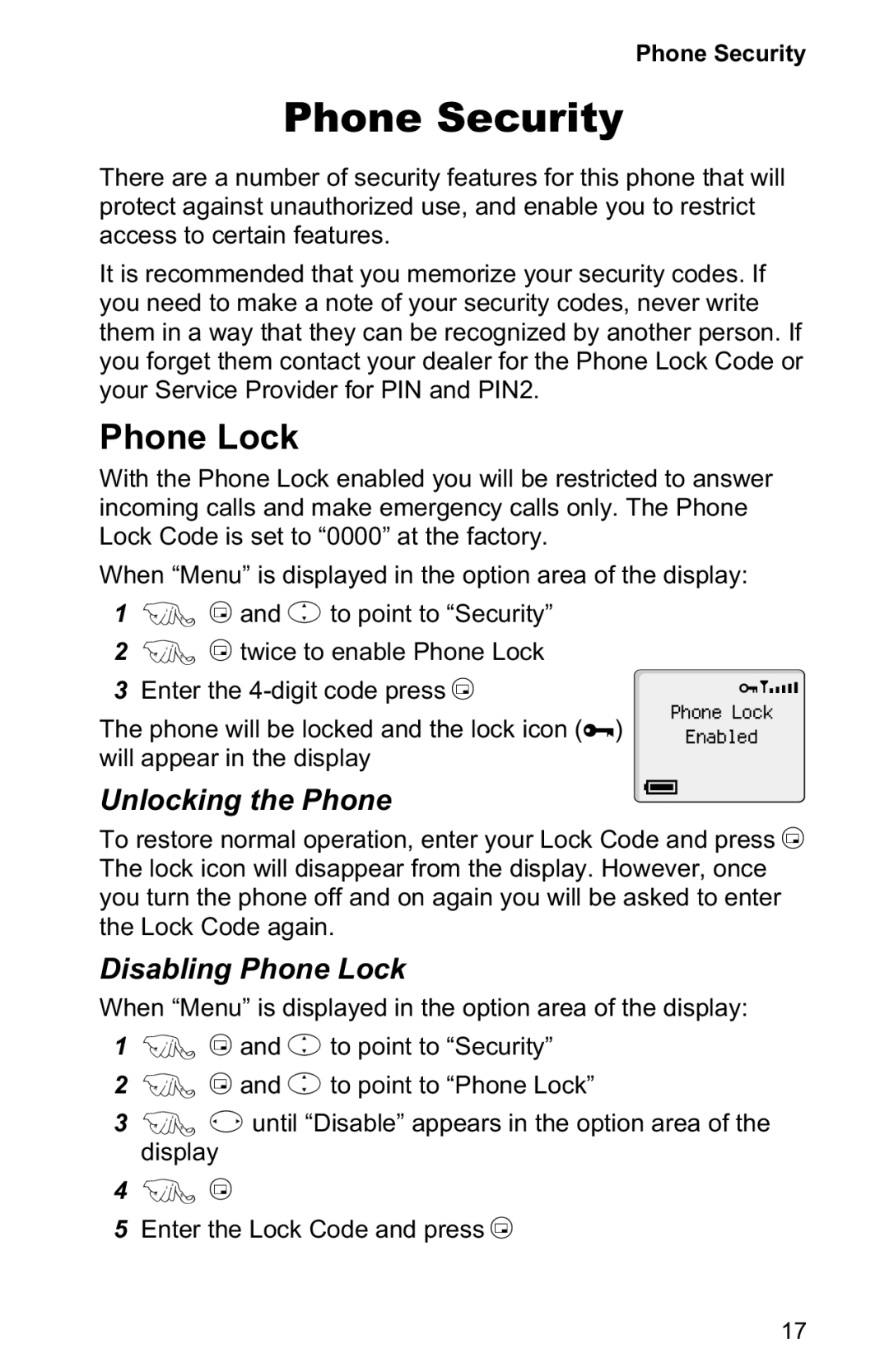 Panasonic EB-GD50 operating instructions Phone Security, Unlocking the Phone, Disabling Phone Lock 