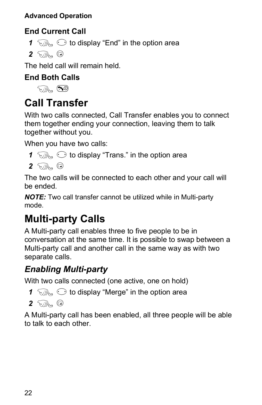 Panasonic EB-GD50 Call Transfer, Multi-party Calls, Enabling Multi-party, End Current Call, End Both Calls 