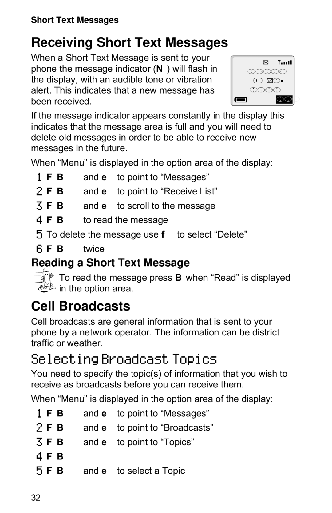 Panasonic EB-GD50 operating instructions Receiving Short Text Messages, Cell Broadcasts, Selecting Broadcast Topics 