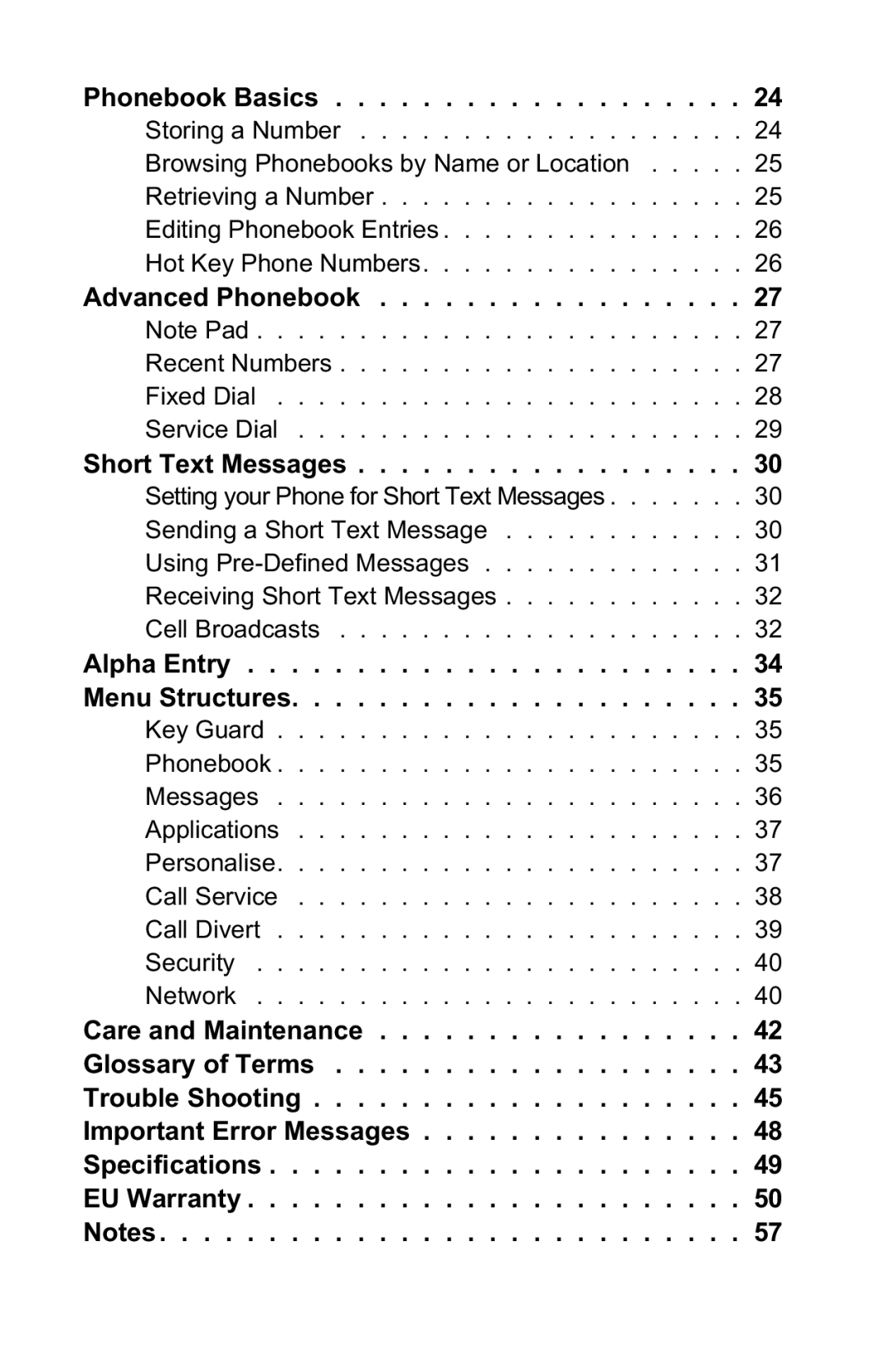 Panasonic EB-GD50 Phonebook Basics, Advanced Phonebook, Short Text Messages, Alpha Entry Menu Structures 