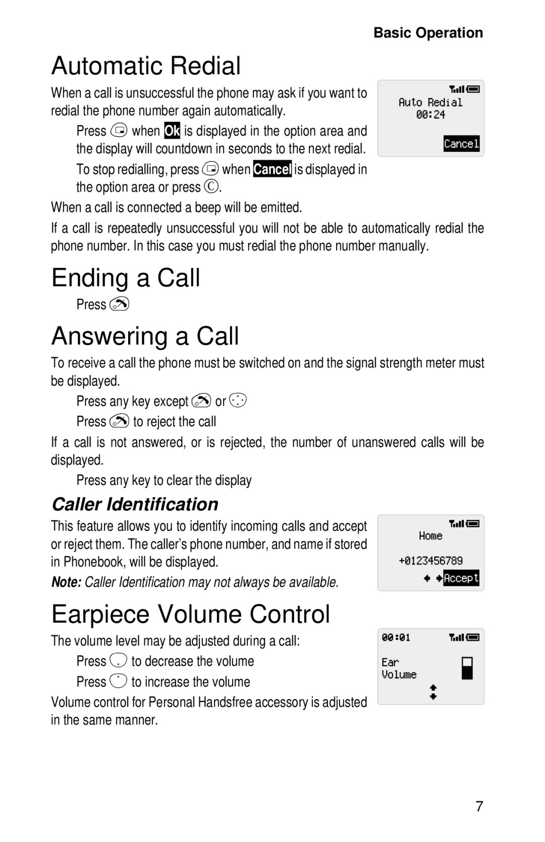 Panasonic EB-GD52 Automatic Redial, Ending a Call, Answering a Call, Earpiece Volume Control, Caller Identification 