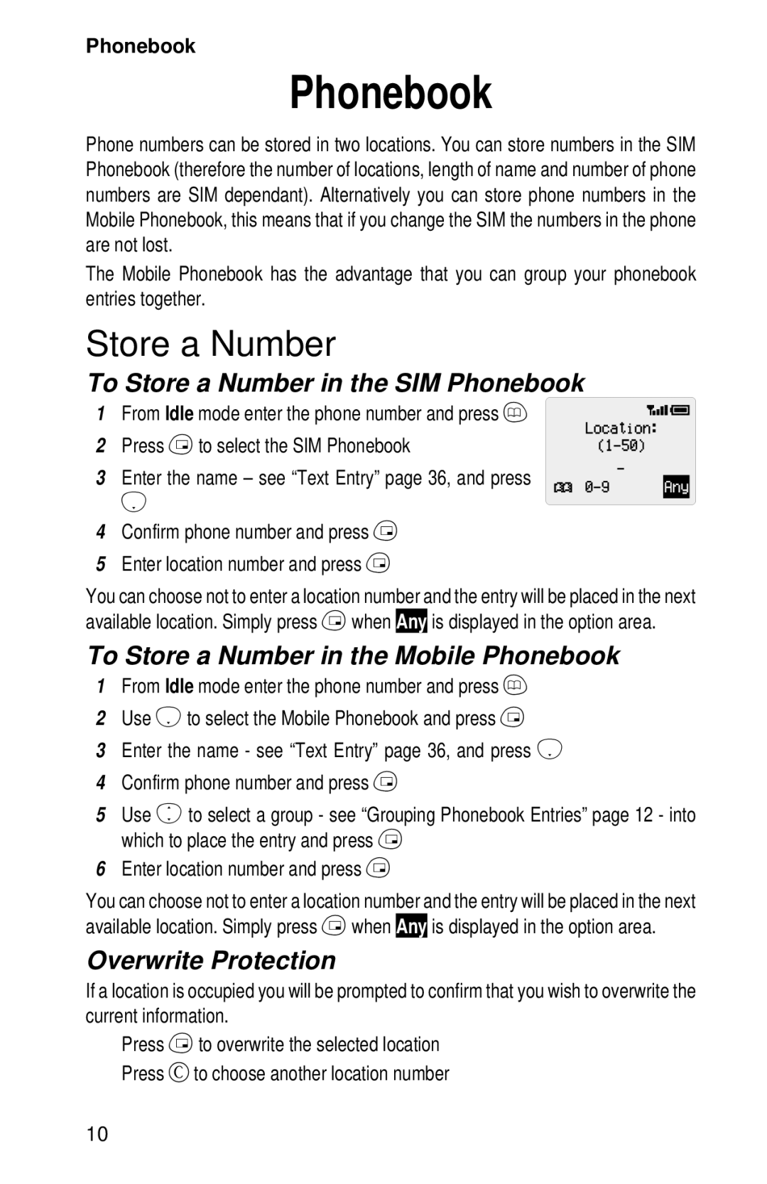 Panasonic EB-GD52 To Store a Number in the SIM Phonebook, To Store a Number in the Mobile Phonebook 