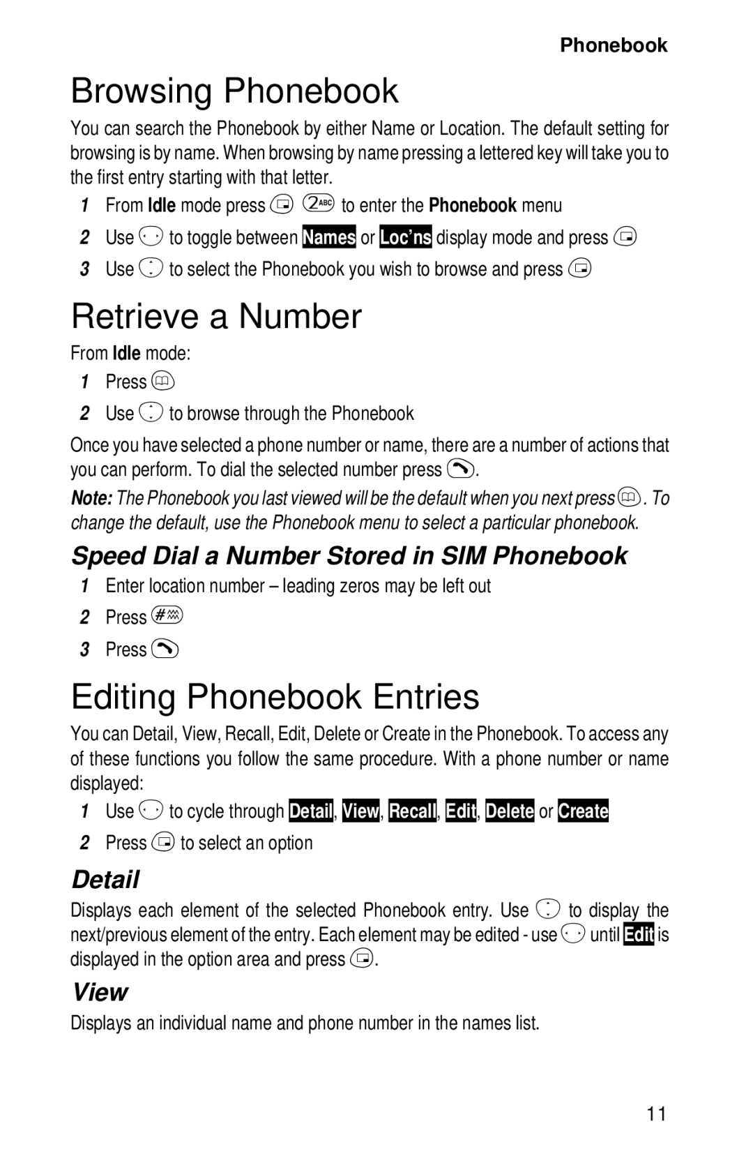 Panasonic EB-GD52 operating instructions Browsing Phonebook, Retrieve a Number, Editing Phonebook Entries 