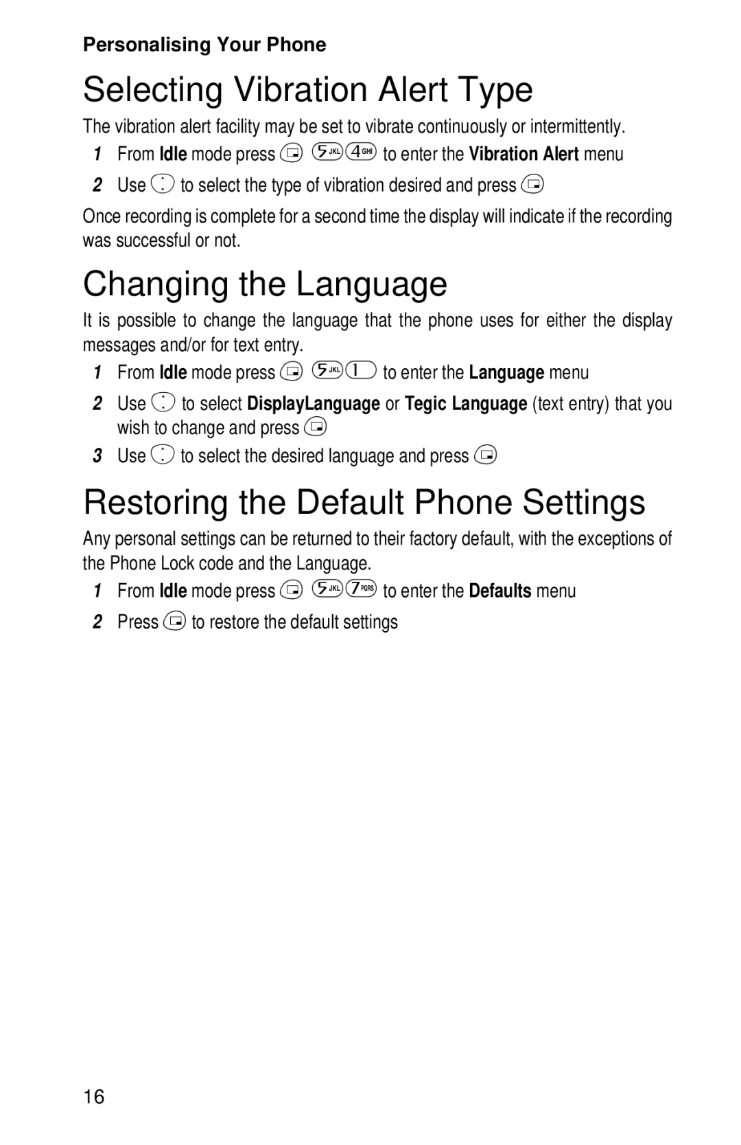 Panasonic EB-GD52 Selecting Vibration Alert Type, Changing the Language, Restoring the Default Phone Settings 