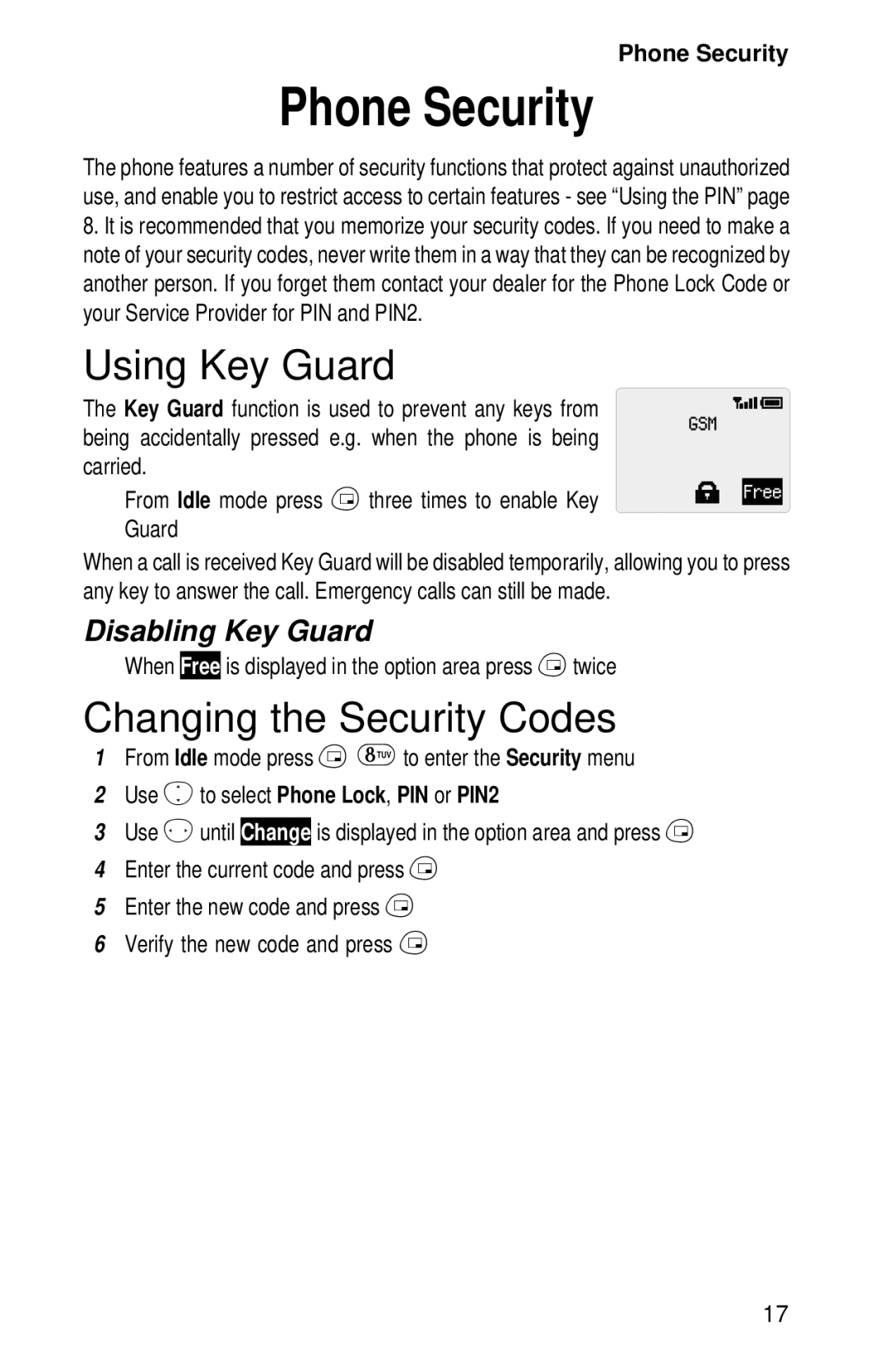 Panasonic EB-GD52 operating instructions Phone Security, Using Key Guard, Changing the Security Codes, Disabling Key Guard 